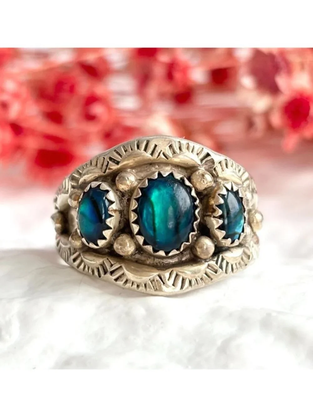 Navajo Blue Abalone Gemstone Southwest Sterling Silver 925 Vintage Ring - sz 10